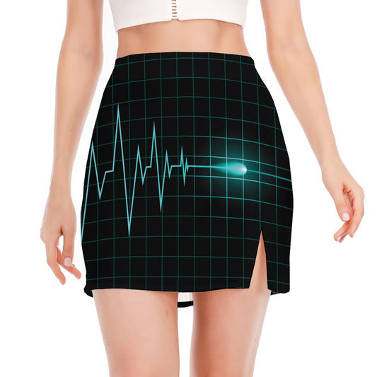 Teal Heartbeat Print Side Slit Mini Skirt
