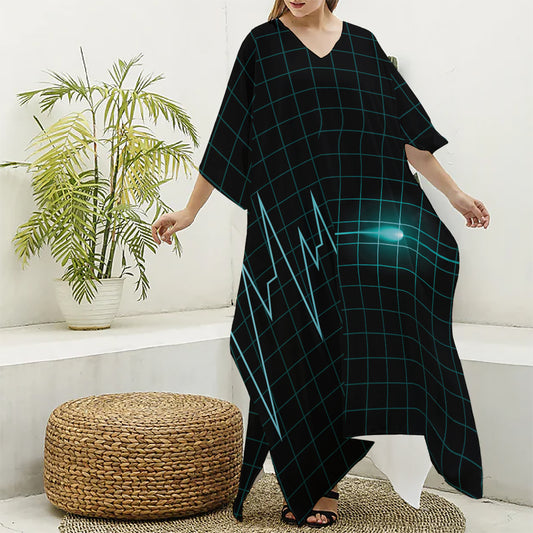 Teal Heartbeat Print Silk V-Neck Kaftan Dress