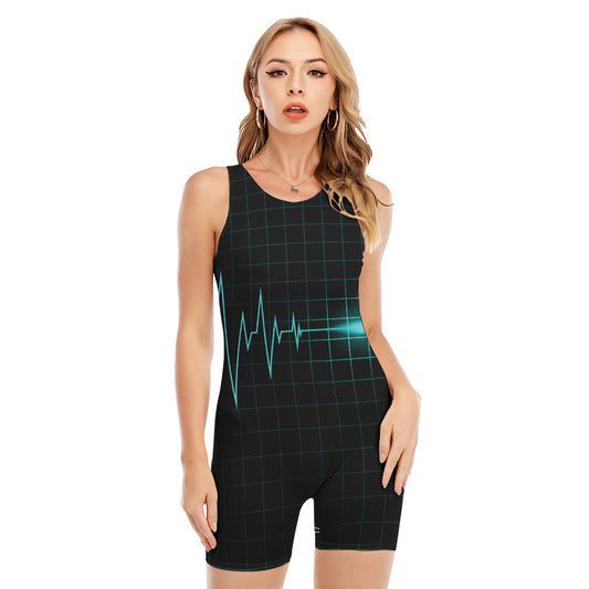 Teal Heartbeat Print Sleeveless One Piece Swimsuit