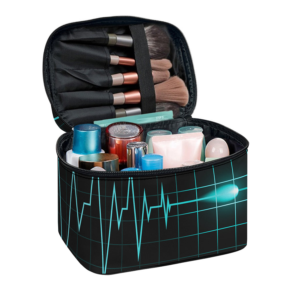 Teal Heartbeat Print Travel Makeup Bag