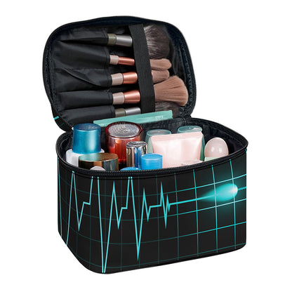 Teal Heartbeat Print Travel Makeup Bag