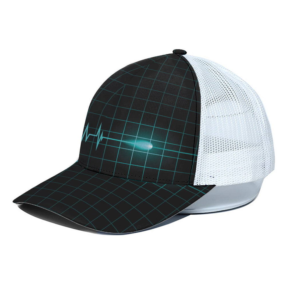 Teal Heartbeat Print White Mesh Trucker Cap