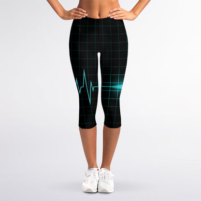 Teal Heartbeat Print Women's Capri Leggings