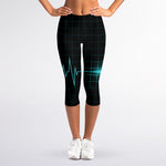 Teal Heartbeat Print Women's Capri Leggings