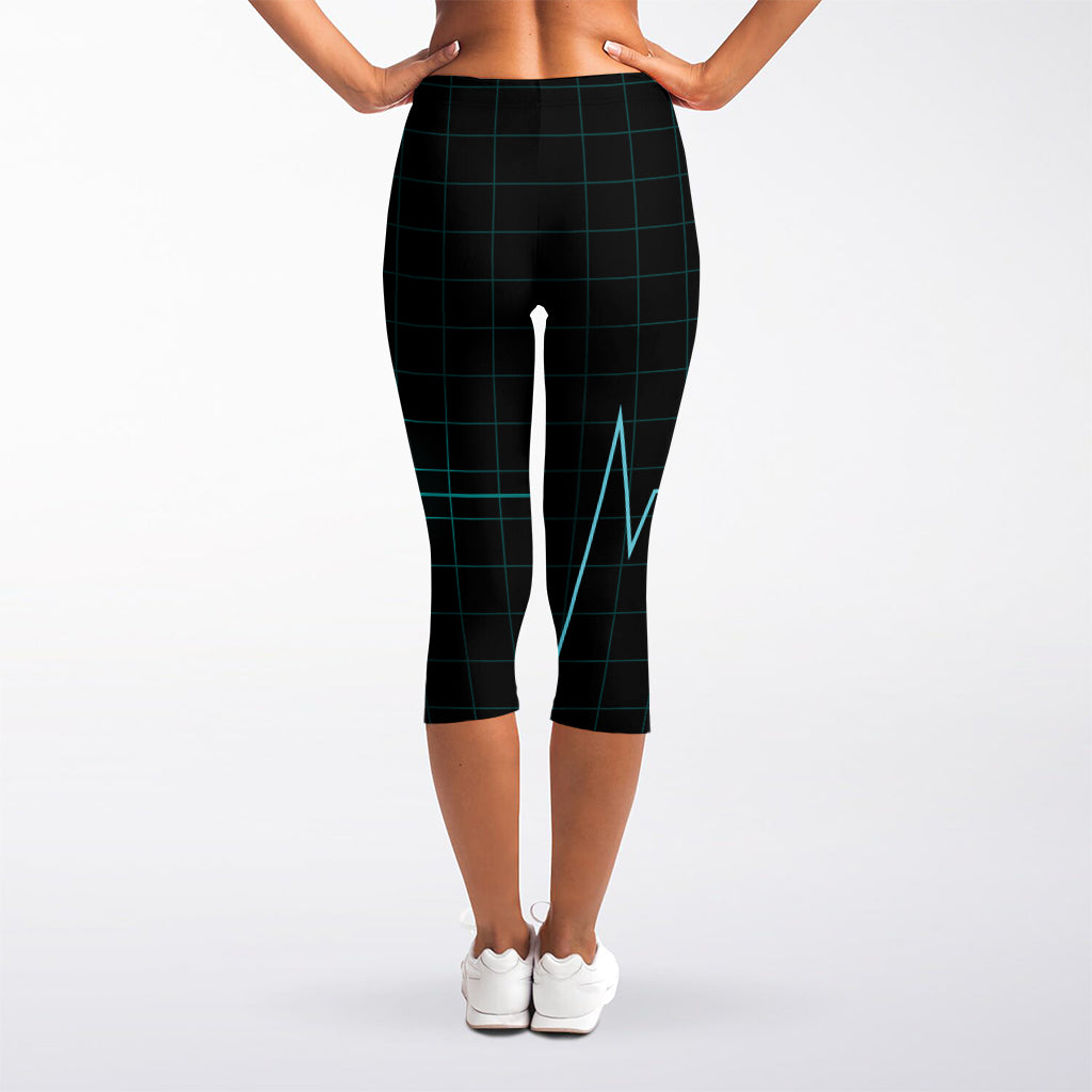Teal Heartbeat Print Women's Capri Leggings