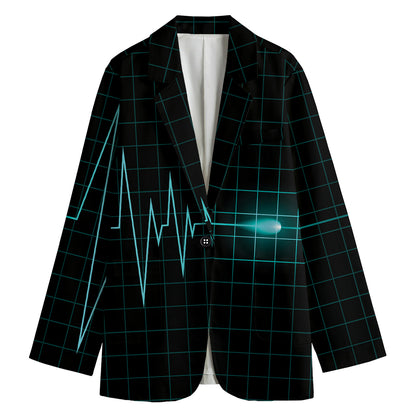 Teal Heartbeat Print Women's Cotton Blazer
