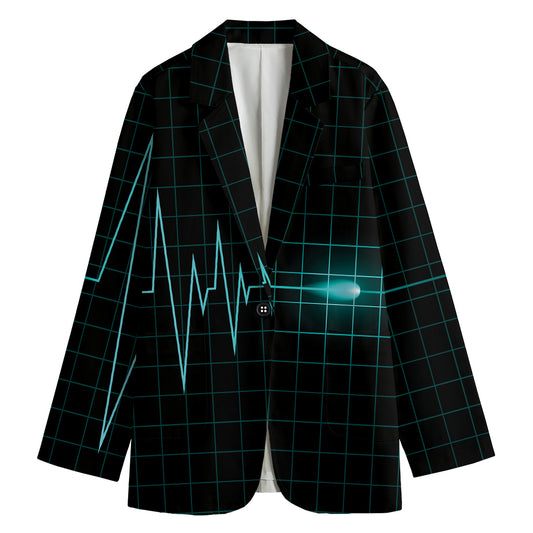 Teal Heartbeat Print Women's Cotton Blazer