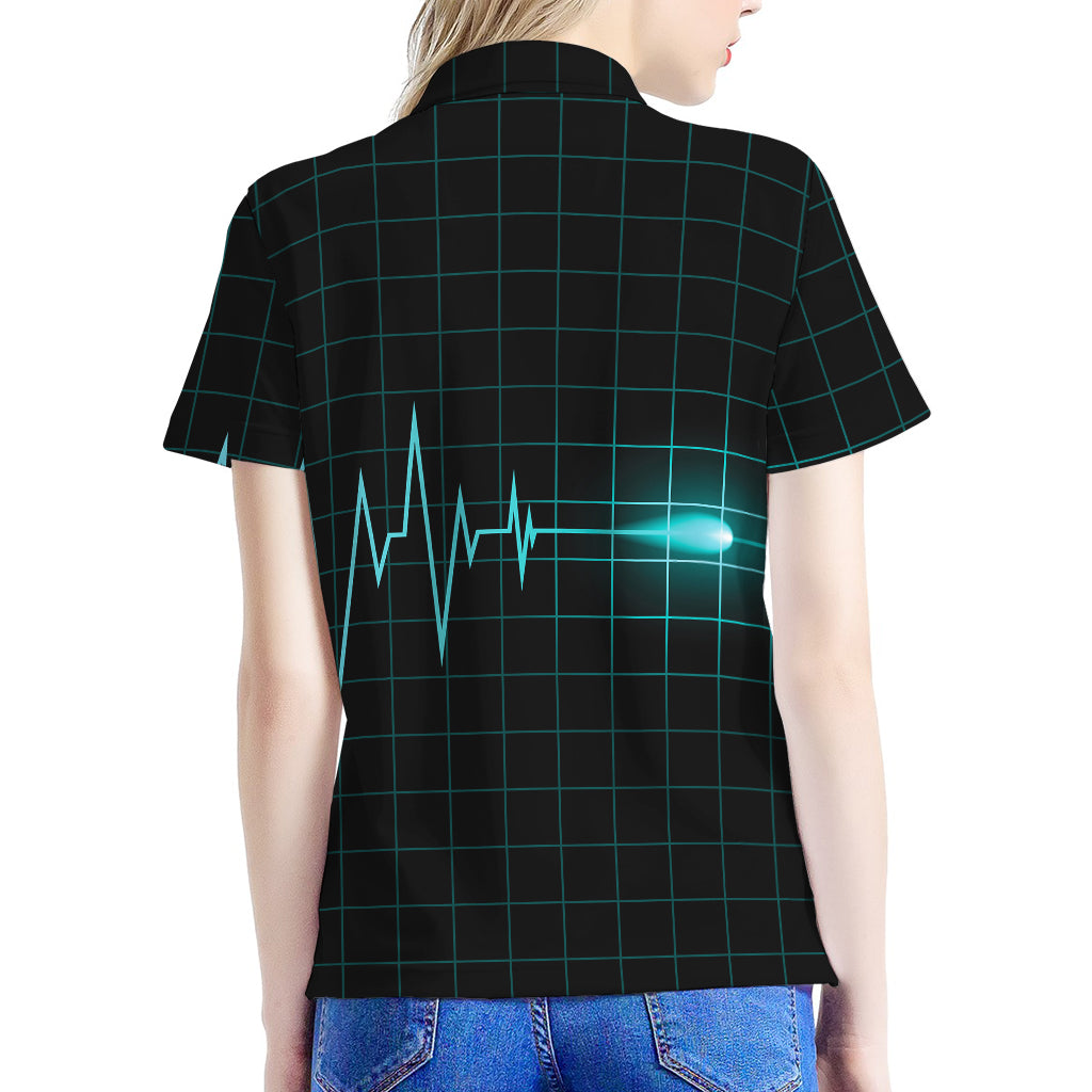 Teal Heartbeat Print Women's Polo Shirt