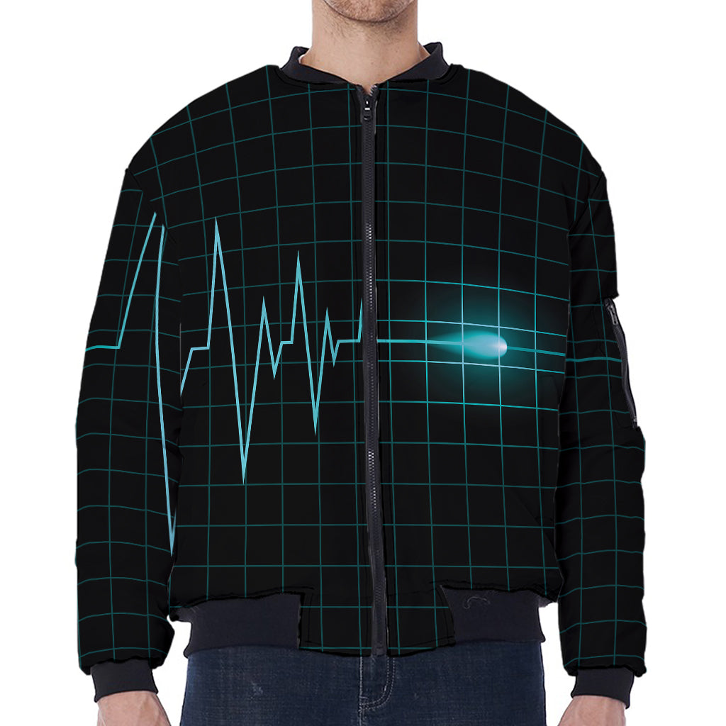 Teal Heartbeat Print Zip Sleeve Bomber Jacket