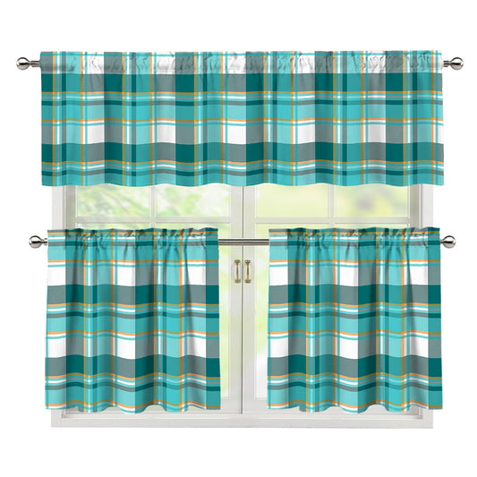 Teal Madras Pattern Print 3 Piece Kitchen Curtains
