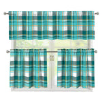 Teal Madras Pattern Print 3 Piece Kitchen Curtains