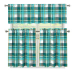Teal Madras Pattern Print 3 Piece Kitchen Curtains