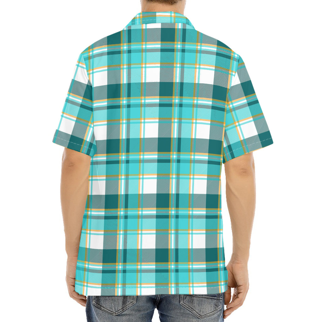 Teal Madras Pattern Print Aloha Shirt