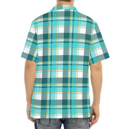 Teal Madras Pattern Print Aloha Shirt