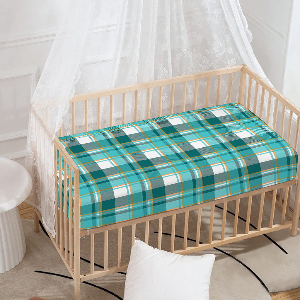 Teal Madras Pattern Print Baby Crib Sheet