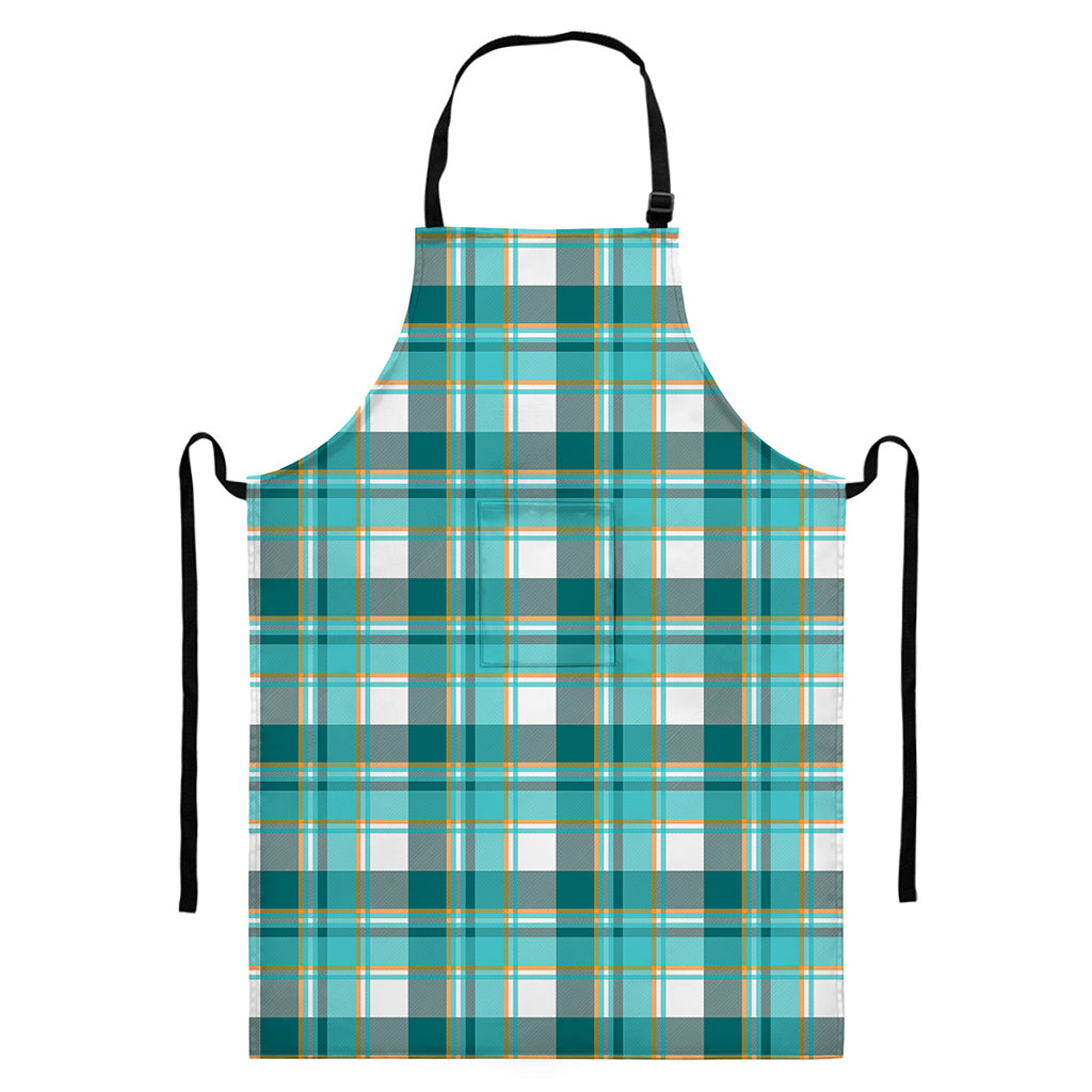 Teal Madras Pattern Print Bib Apron With Pocket