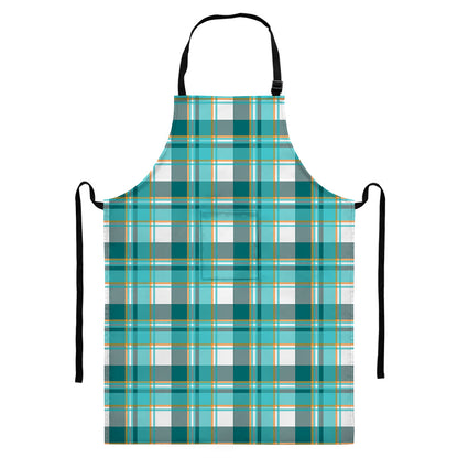 Teal Madras Pattern Print Bib Apron With Pocket