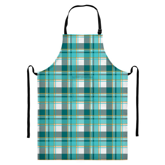 Teal Madras Pattern Print Bib Apron With Pocket