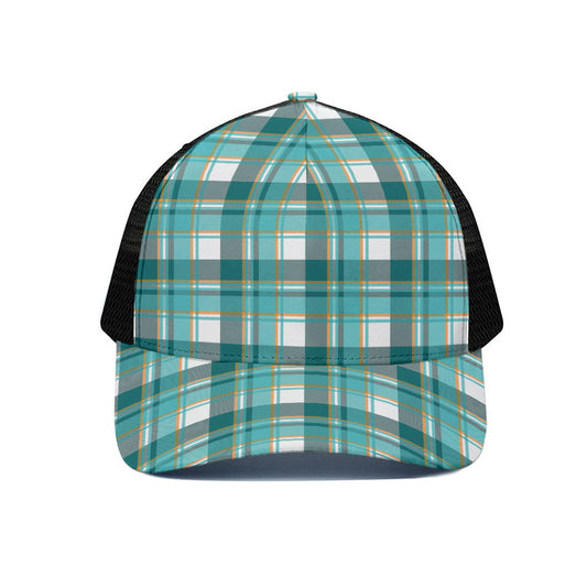 Teal Madras Pattern Print Black Mesh Trucker Cap