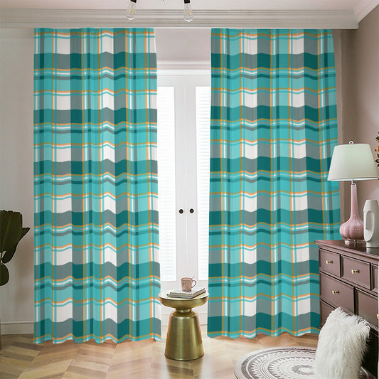 Teal Madras Pattern Print Blackout Pencil Pleat Curtains