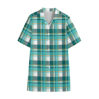 Teal Madras Pattern Print Cotton Hawaiian Shirt