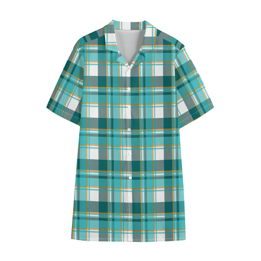 Teal Madras Pattern Print Cotton Hawaiian Shirt