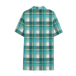 Teal Madras Pattern Print Cotton Hawaiian Shirt