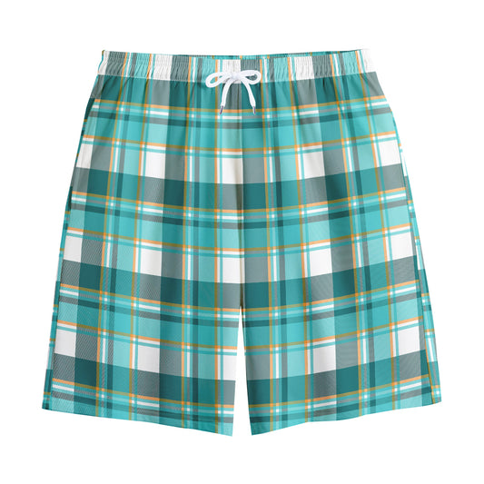 Teal Madras Pattern Print Cotton Shorts