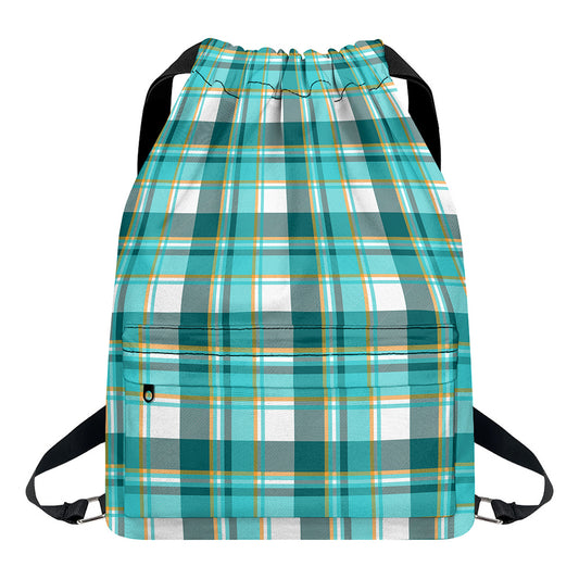 Teal Madras Pattern Print Drawstring Backpack