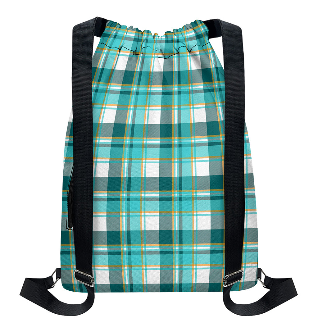 Teal Madras Pattern Print Drawstring Backpack