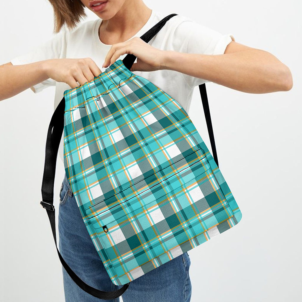 Teal Madras Pattern Print Drawstring Backpack