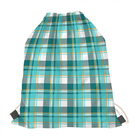 Teal Madras Pattern Print Drawstring Bag