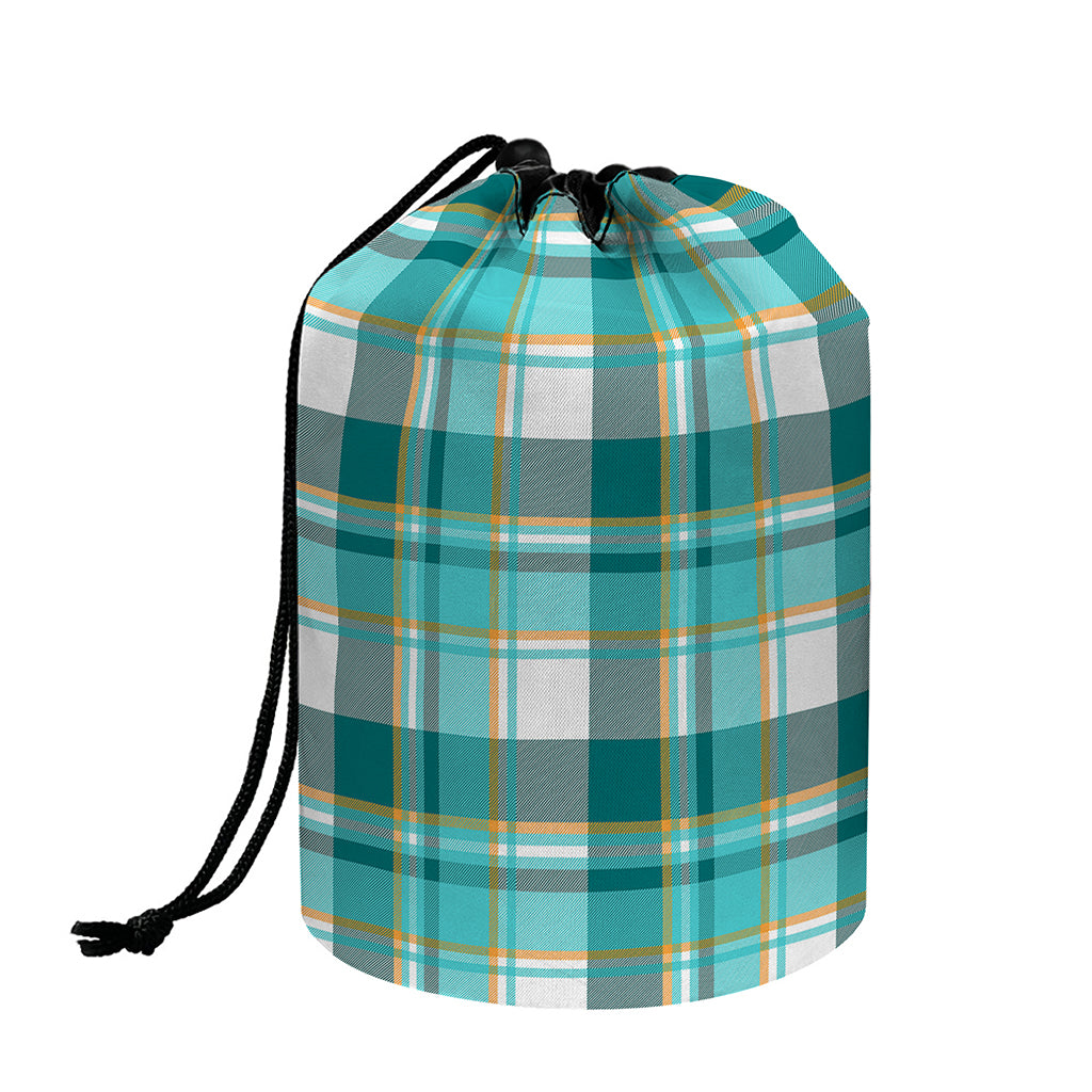 Teal Madras Pattern Print Drawstring Makeup Bag