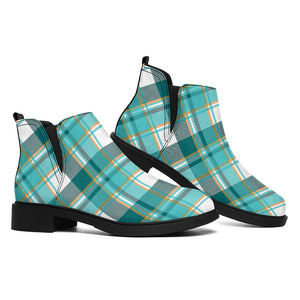 Teal Madras Pattern Print Flat Ankle Boots