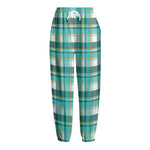 Teal Madras Pattern Print Fleece Lined Knit Pants
