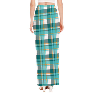 Teal Madras Pattern Print High Slit Maxi Skirt