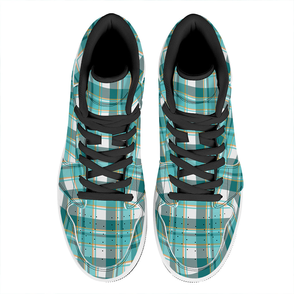Teal Madras Pattern Print High Top Leather Sneakers