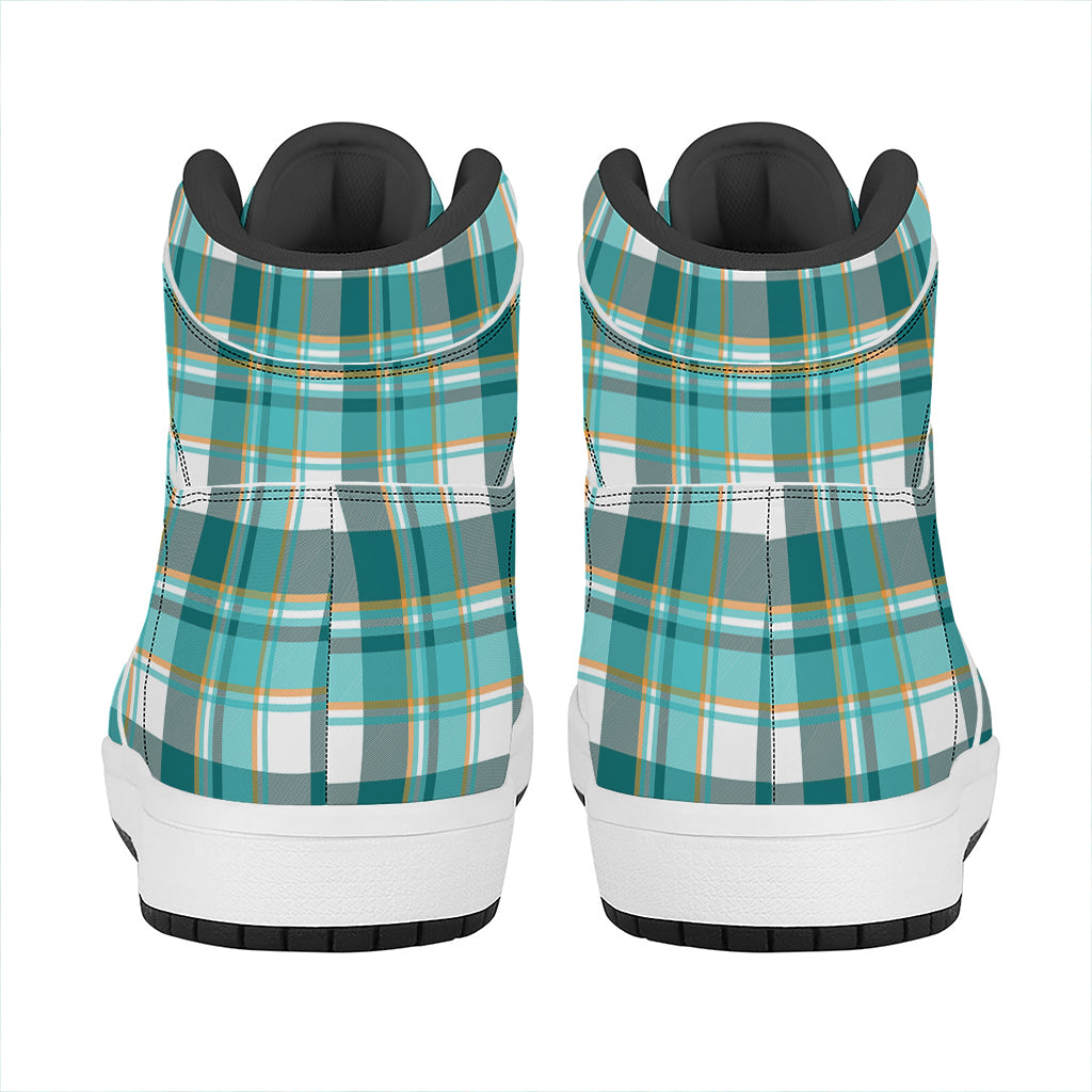 Teal Madras Pattern Print High Top Leather Sneakers