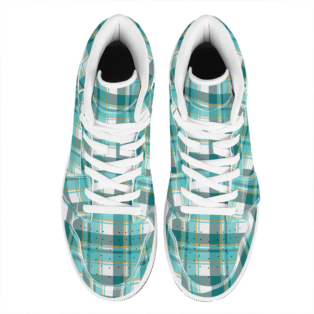 Teal Madras Pattern Print High Top Leather Sneakers