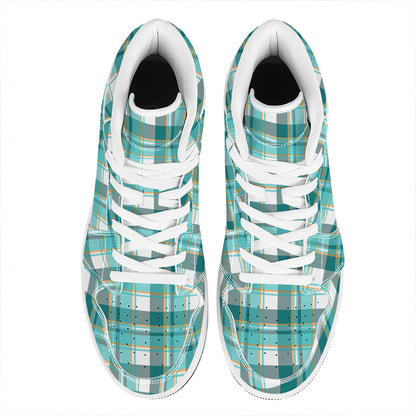 Teal Madras Pattern Print High Top Leather Sneakers