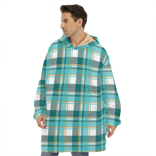 Teal Madras Pattern Print Hoodie Blanket