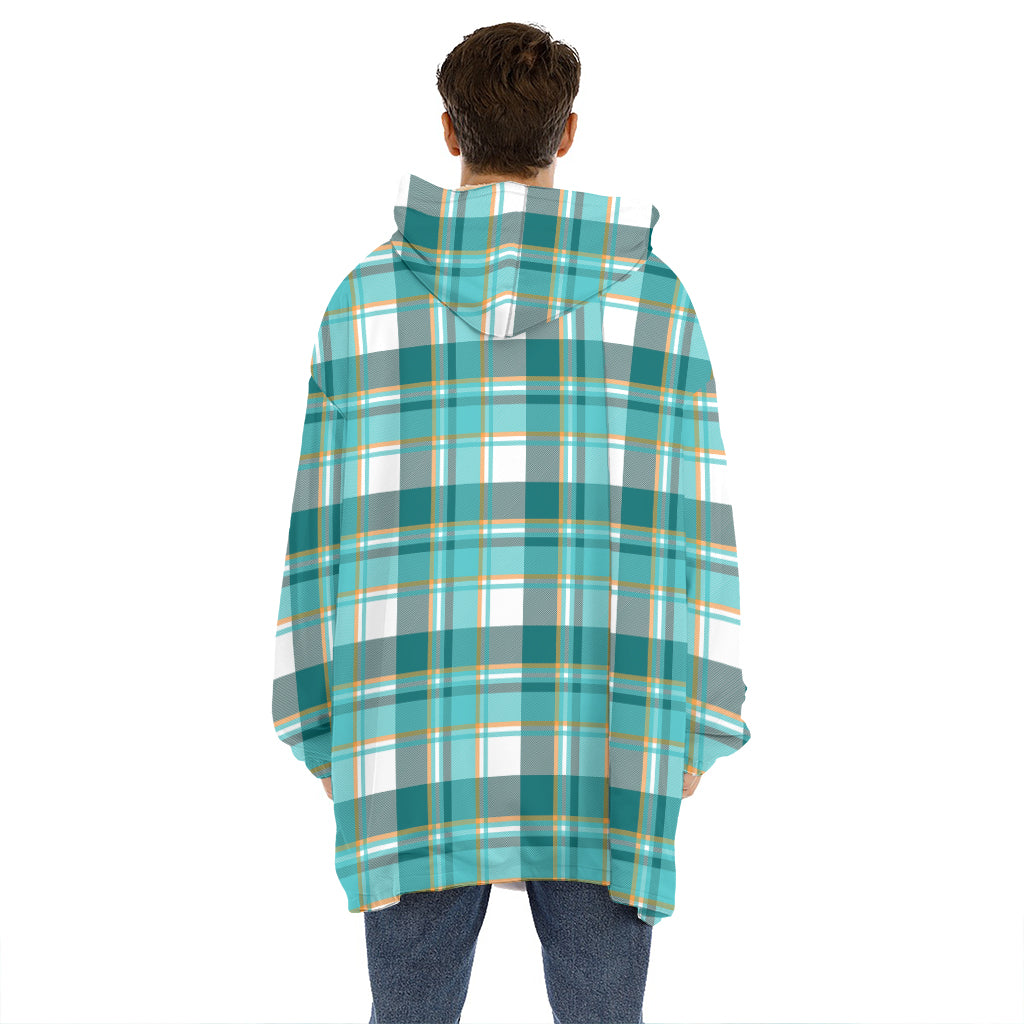 Teal Madras Pattern Print Hoodie Blanket