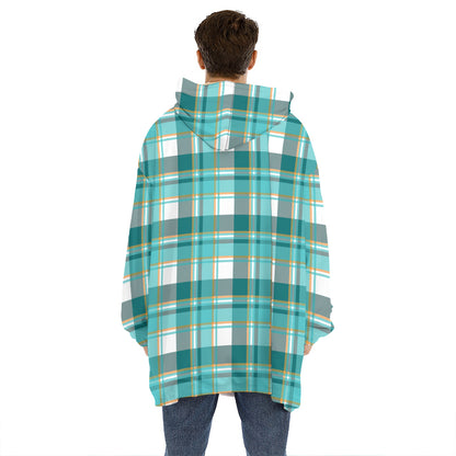 Teal Madras Pattern Print Hoodie Blanket
