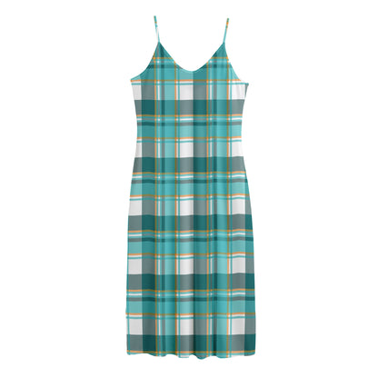 Teal Madras Pattern Print Jersey Midi Cami Dress
