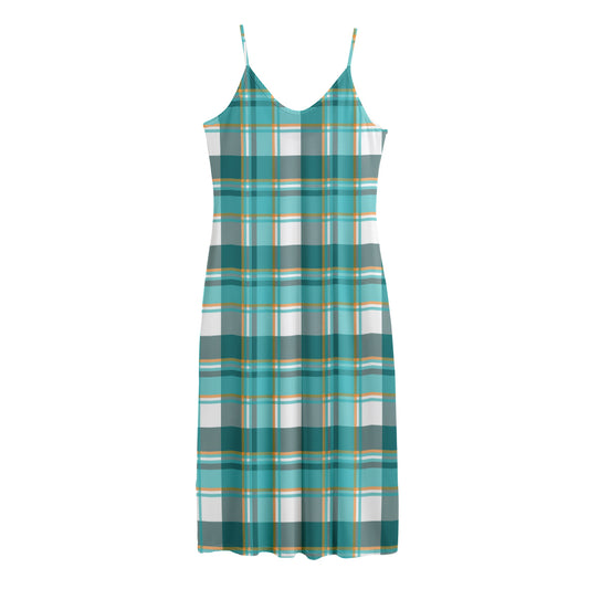Teal Madras Pattern Print Jersey Midi Cami Dress