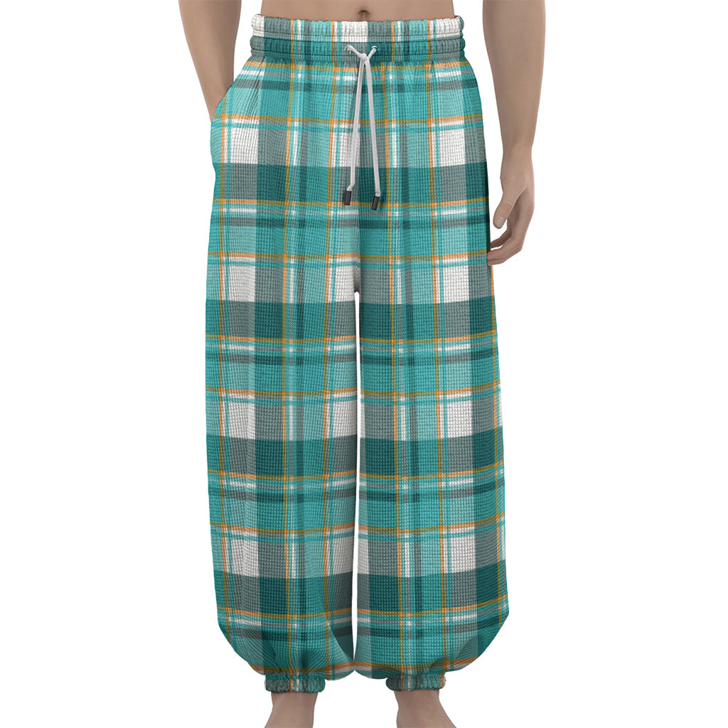 Teal Madras Pattern Print Lantern Pants