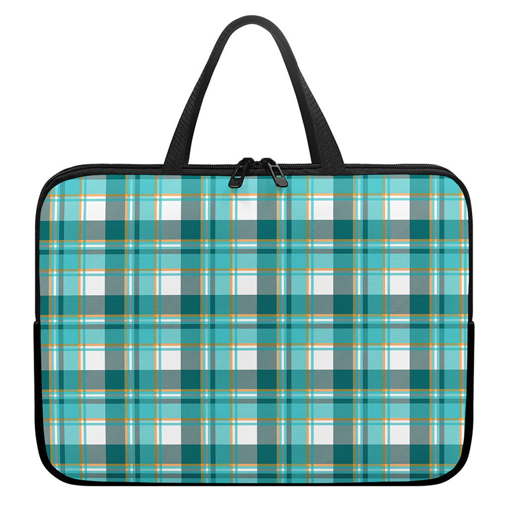 Teal Madras Pattern Print Laptop Sleeve With Handle