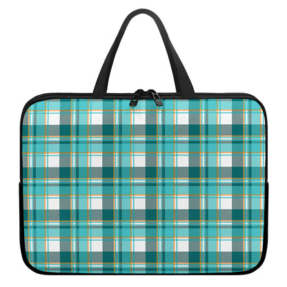 Teal Madras Pattern Print Laptop Sleeve With Handle