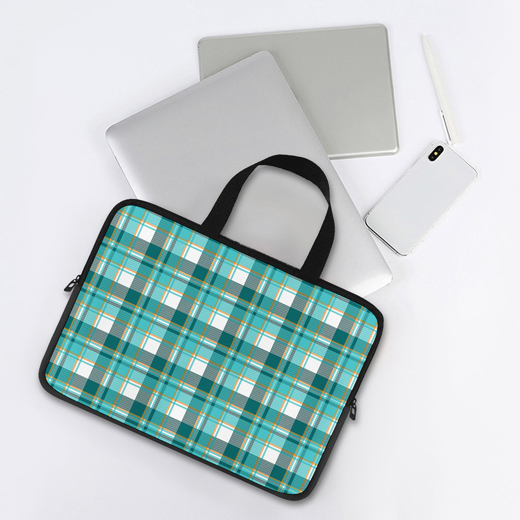 Teal Madras Pattern Print Laptop Sleeve With Handle