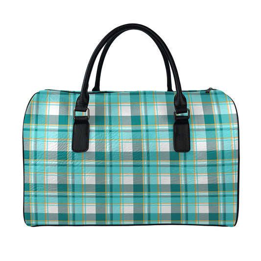 Teal Madras Pattern Print Leather Duffle Bag
